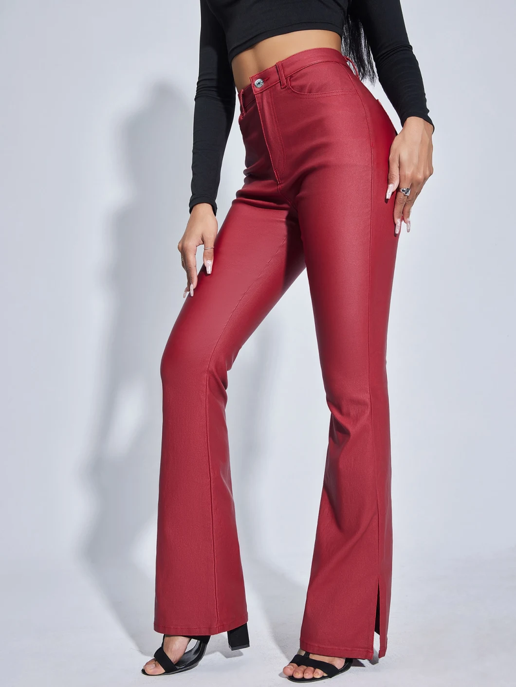 New Fashion Lady Denim MID Waisted Stretch Coating Quality OEM&ODM Slpit on Side Bottom Flare Fitting Jeans