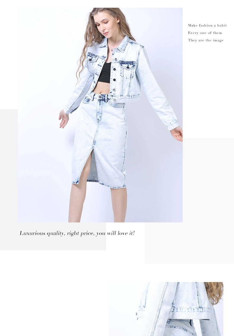 New Fashionable Women Clothing OEM&ODM Nice Bleached Color with Snow Wash Short Jackets with Long Sleeves Straight Fit Skirt Ladies Denim Suits Jeans