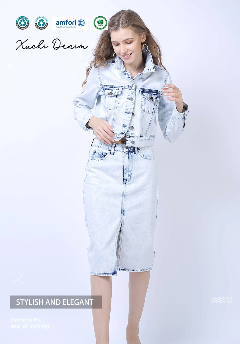 Fashionable Women Clothing OEM&ODM Nice Bleached Color with Snow Wash Short Jackets with Long Sleeves Straight Fit Skirt Ladies Denim Suits Jeans