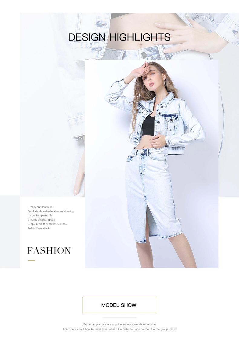 New Fashionable Women Clothing OEM&ODM Nice Bleached Color with Snow Wash Short Jackets with Long Sleeves Straight Fit Skirt Ladies Denim Suits Jeans